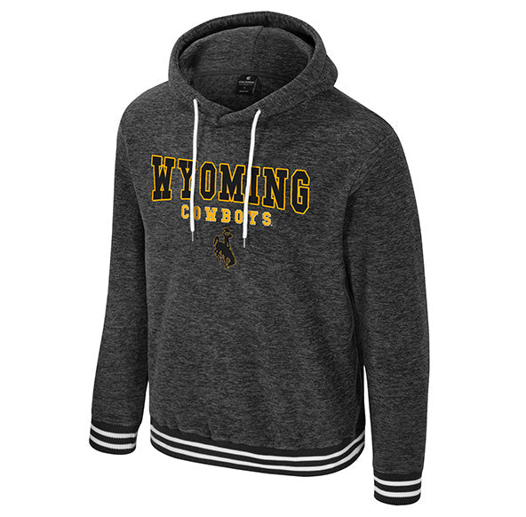 A dark heather gray pullover hoodie featuring 'Wyoming Cowboys' printed in yellow and white across the chest, with white drawstrings and white striped ribbed cuffs and hem.
