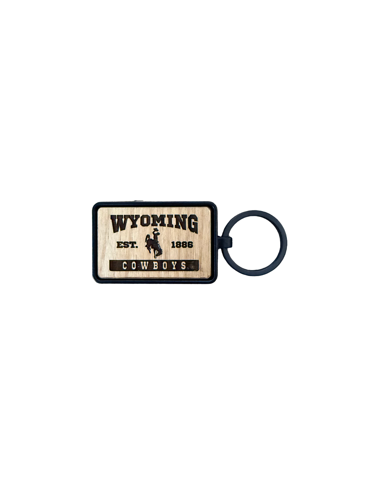 wooden keychain with metal key ring attatched. has 'wyoming est 1886 cowboys' etched inside