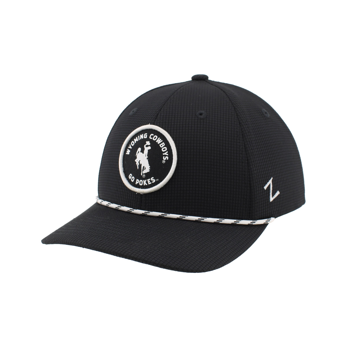 Black cap with Wyoming Cowboys logo in white on front and has a white and black rope on brim. hat on a white background