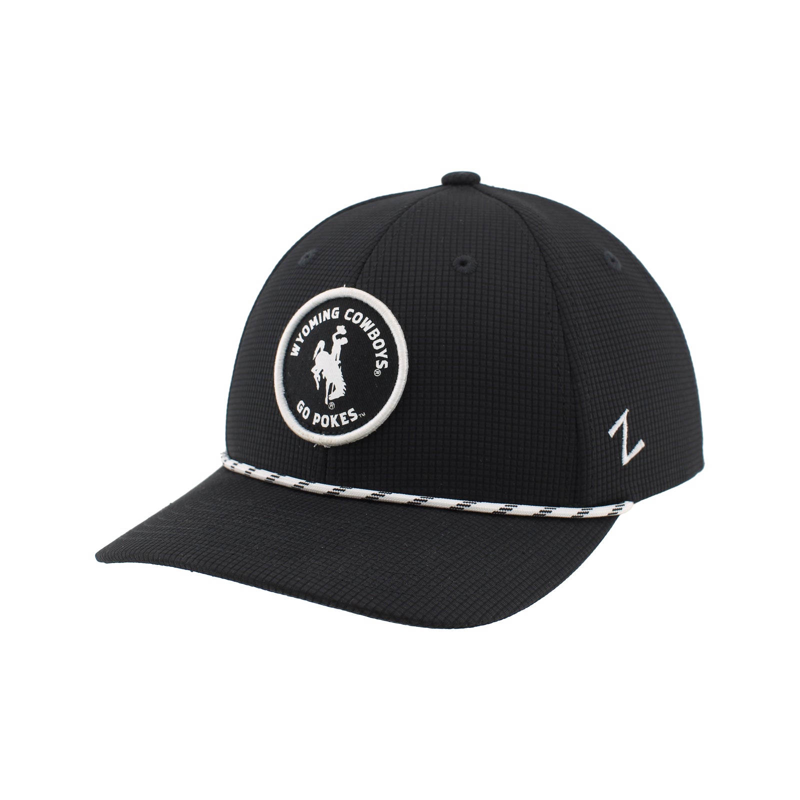 Black cap with Wyoming Cowboys logo in white on front and has a white and black rope on brim. hat on a white background