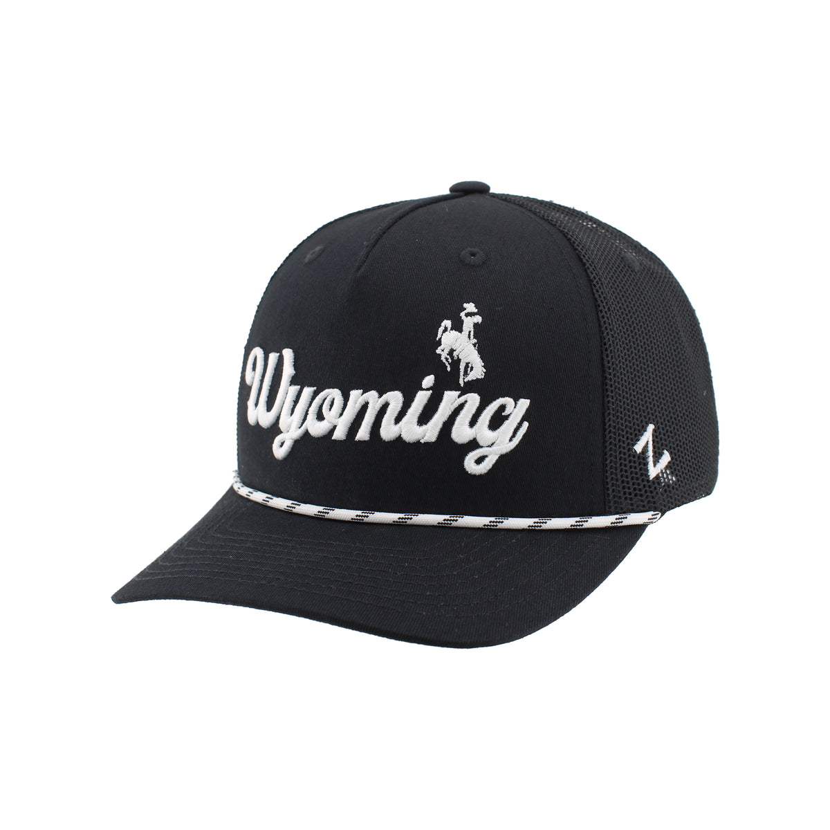 Black adjustable hat with mesh back. Has 'Wyoming' in white cursive on front with white bucking horse on top of lettering. White rope across rim
