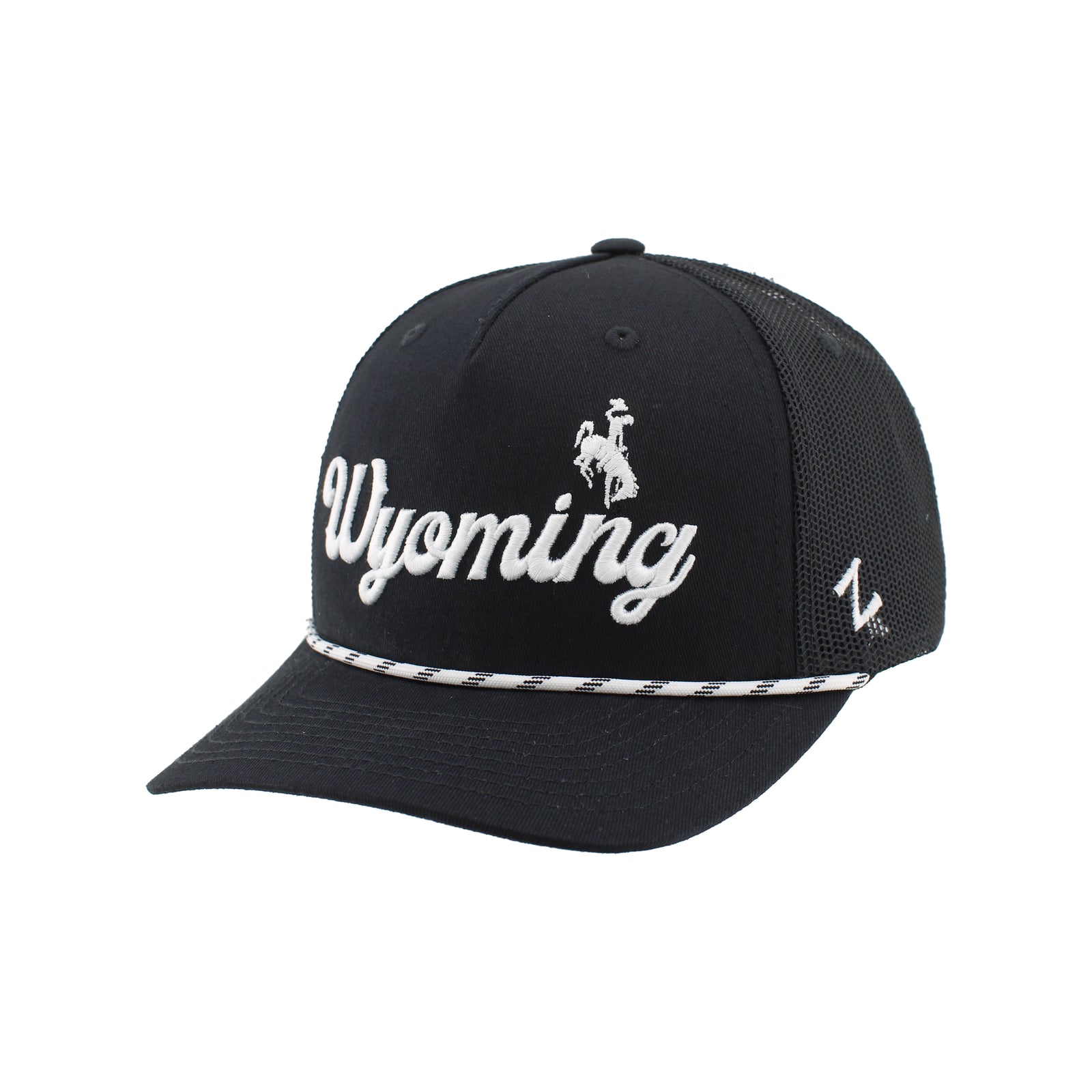 Black adjustable hat with mesh back. Has 'Wyoming' in white cursive on front with white bucking horse on top of lettering. White rope across rim