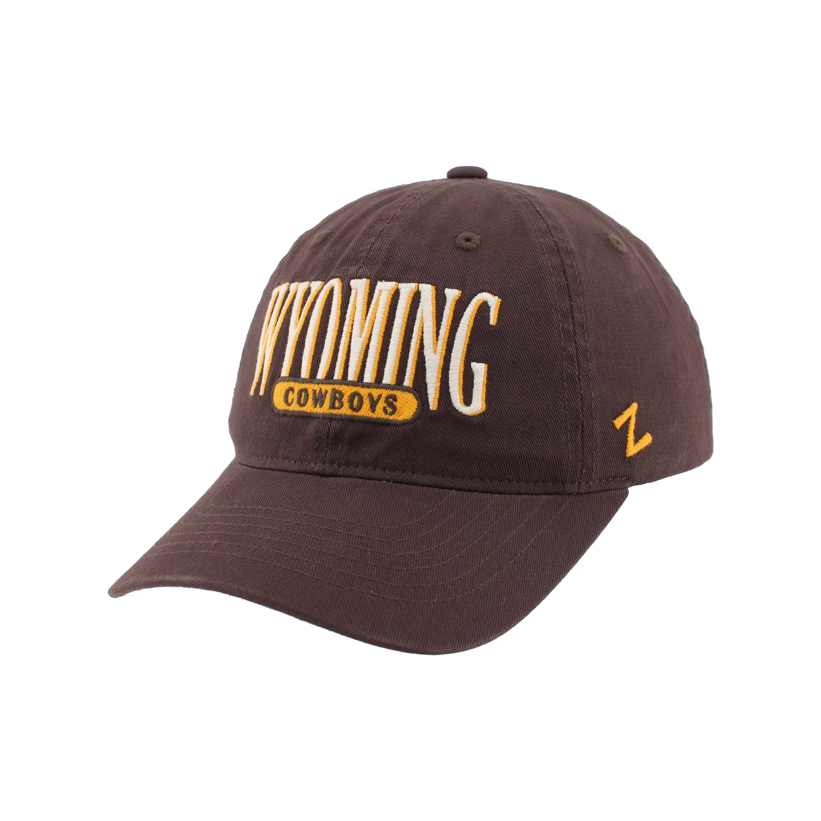 brown adjustable hat with embroidered design in gold and white on front. design is 'wyoming cowboys'
