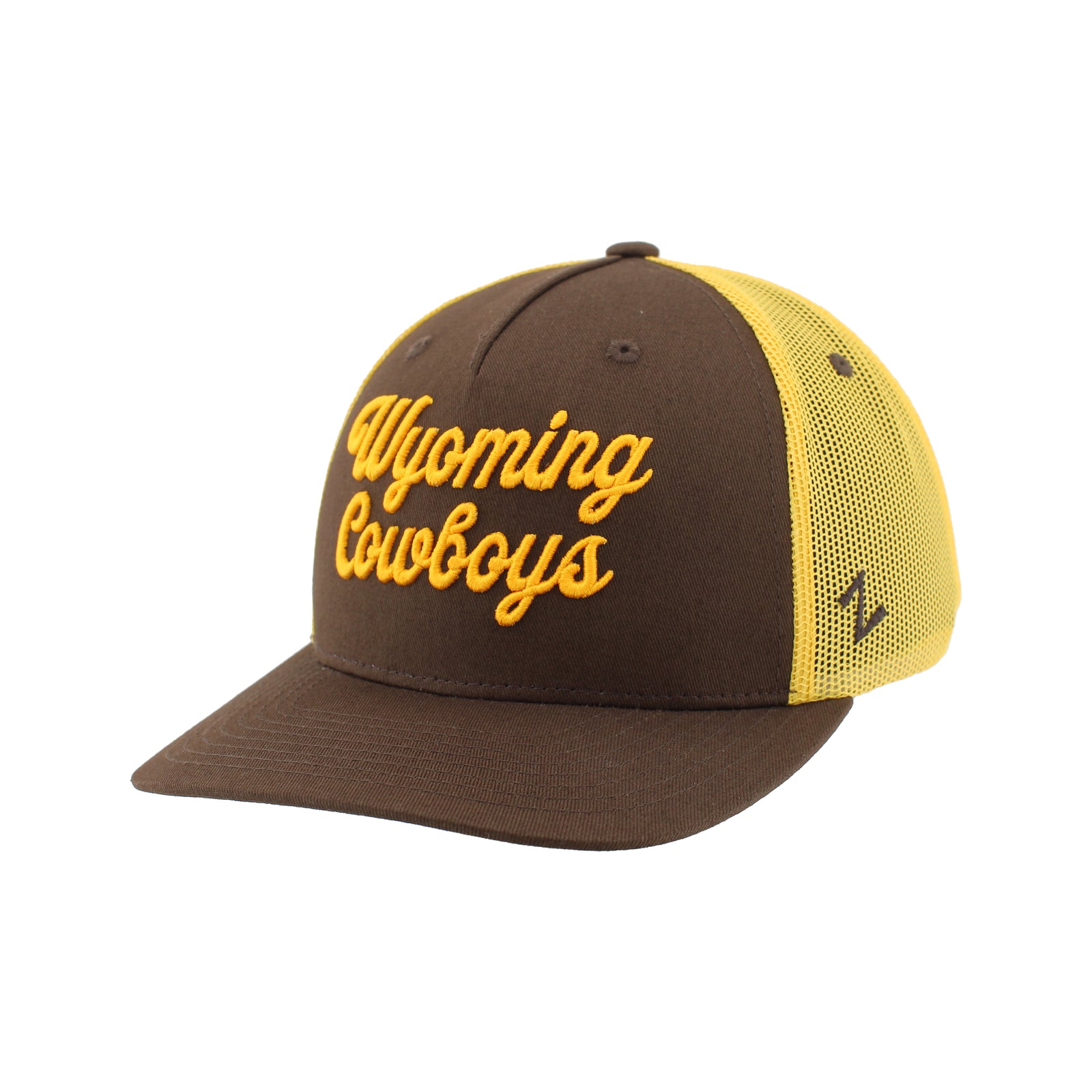 brown adjustable hat with gold mesh back. has cursive wyoming cowboys on front panel embroidered in gold.