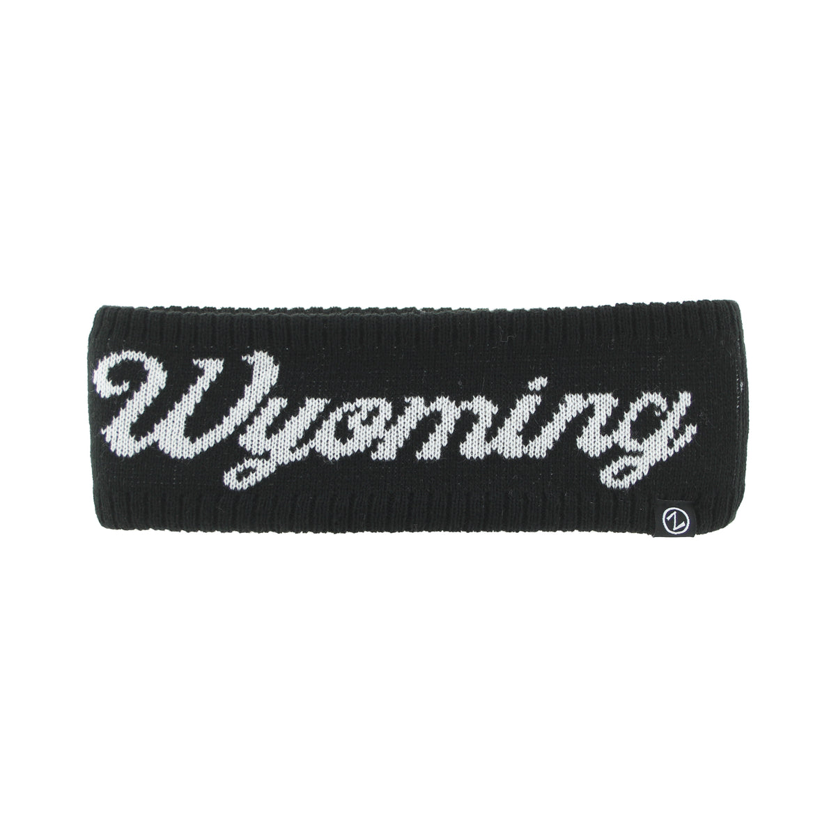 A black knit headband featuring 'Wyoming' written across the front in white cursive lettering, with a small circular logo on the right side, shown against a plain white background.