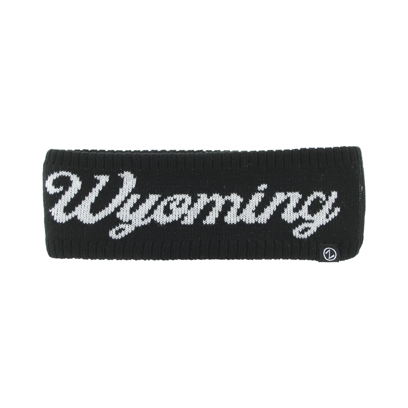 A black knit headband featuring 'Wyoming' written across the front in white cursive lettering, with a small circular logo on the right side, shown against a plain white background.