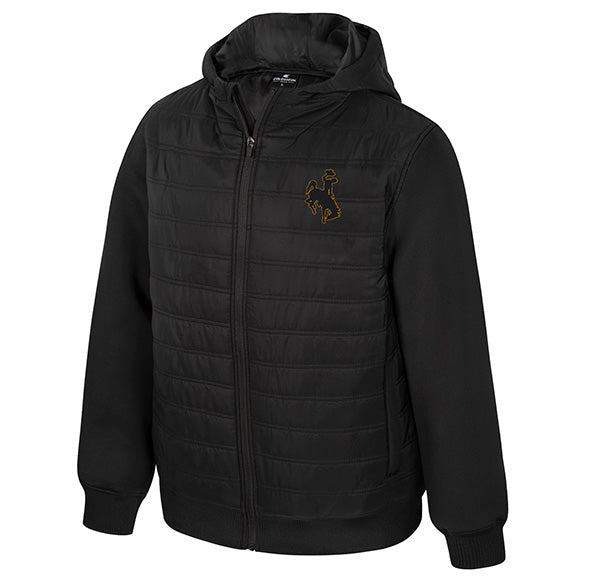 A black hooded zip-up jacket with horizontal quilting, featuring a small embroidered logo on the left chest, displayed on a solid white background.