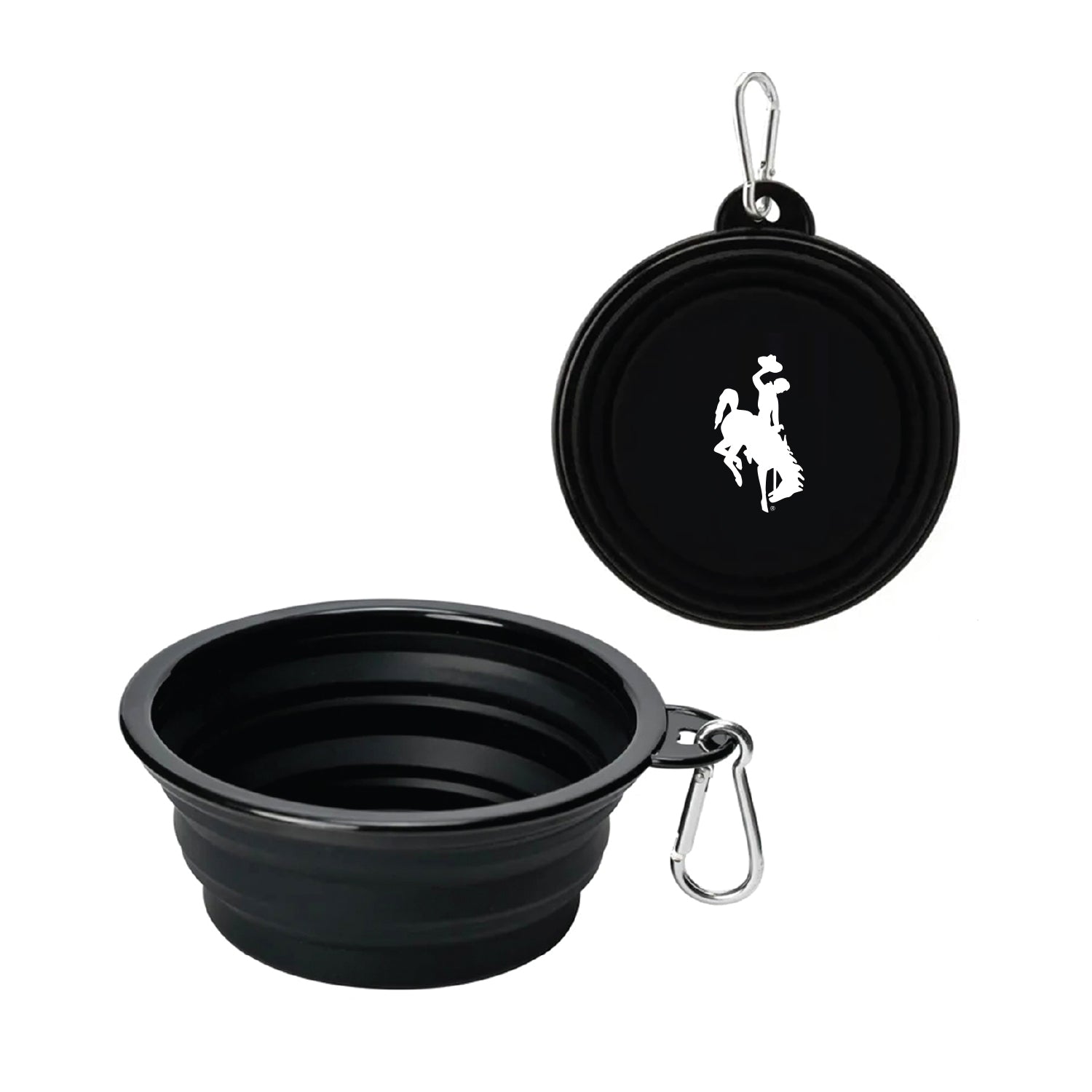 Black collapsible pet bowl with carrying case on a white background