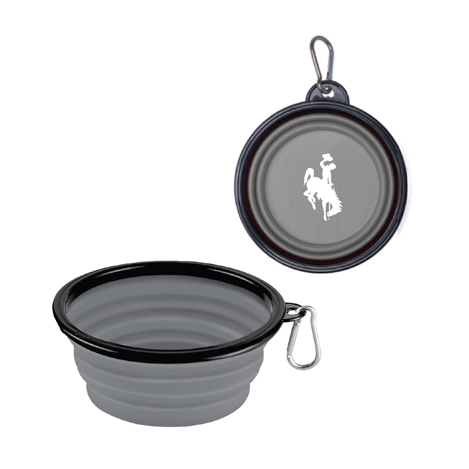 Collapsible pet bowl with carrying case on a white background