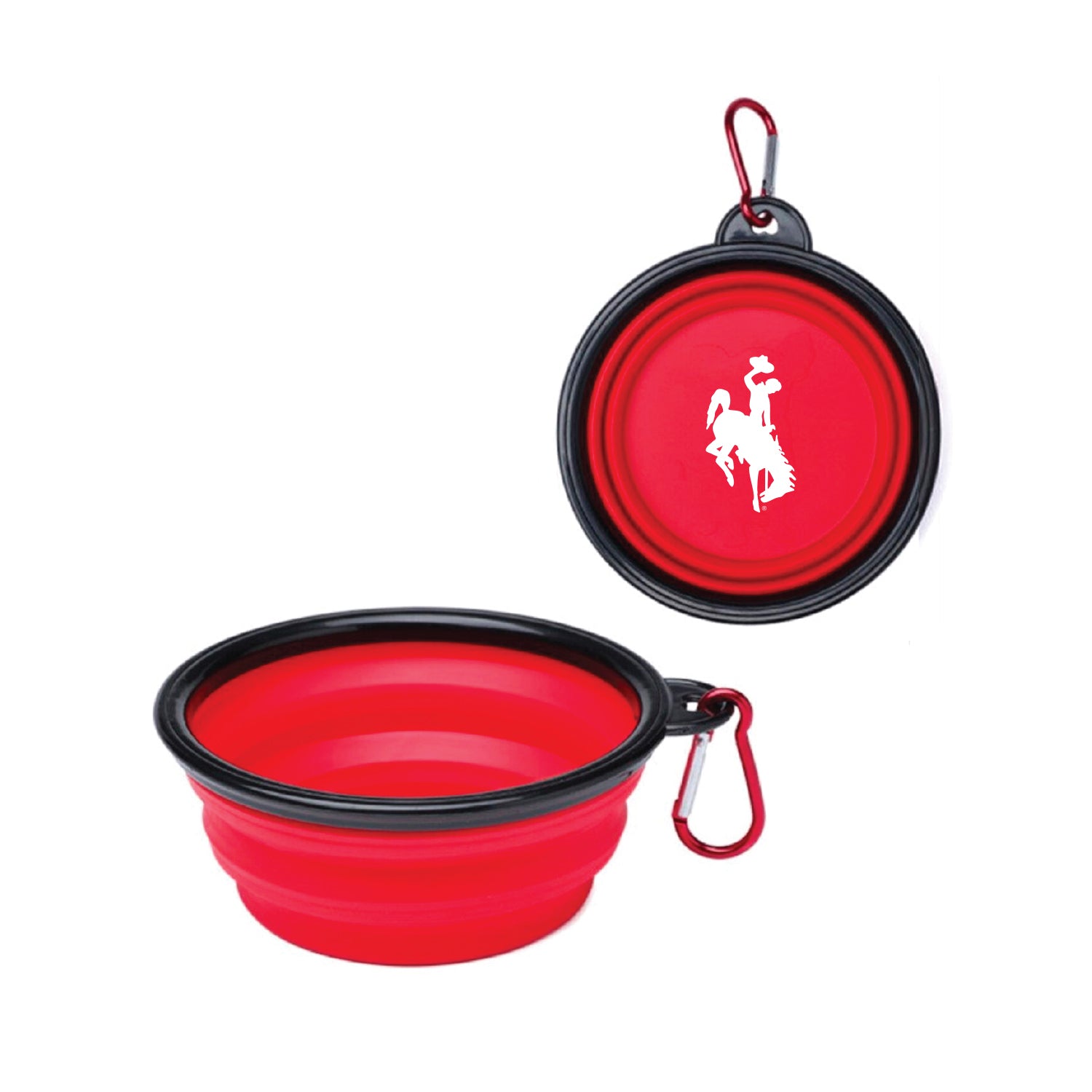 Red and black collapsible pet bowl with carabiner on a white background
