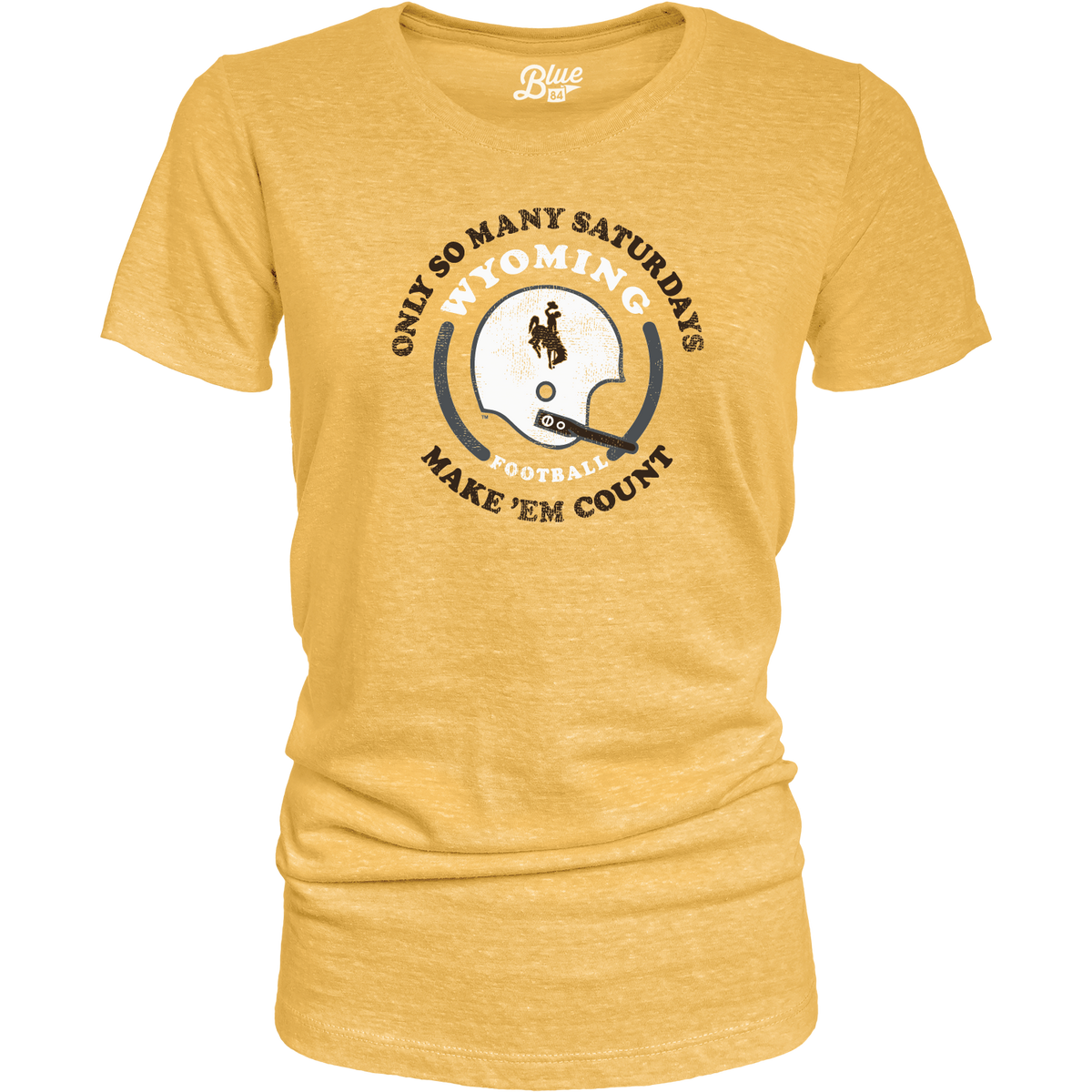 Yellow women's t-shirt with Wyoming football graphic and text in white and brown all center chest