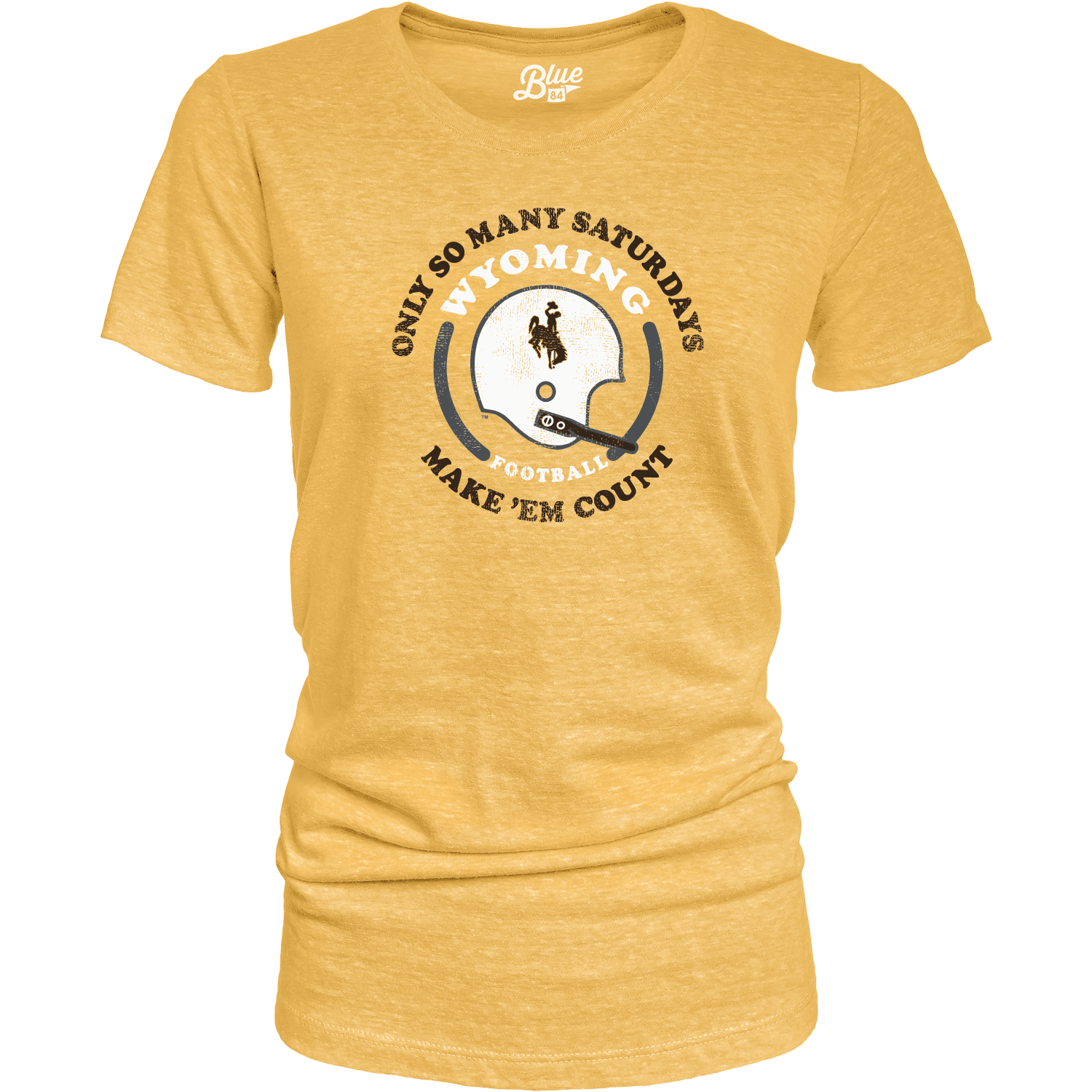 Yellow women's t-shirt with Wyoming football graphic and text in white and brown all center chest