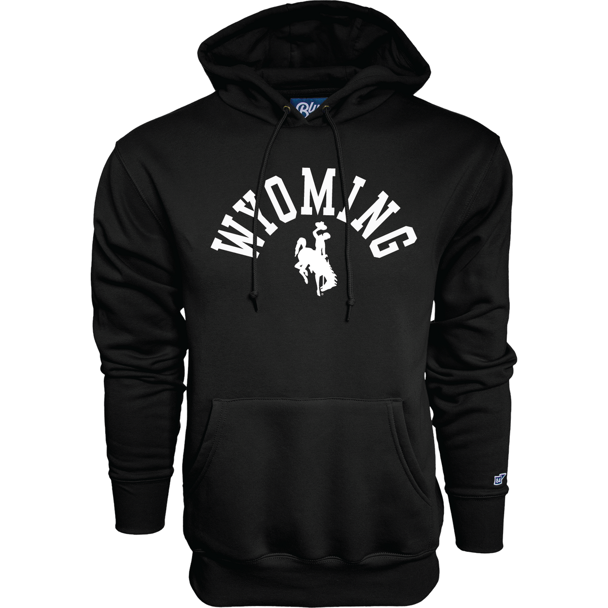 Black hooded sweatshirt with arched wyoming and bucking horse logo on chest. All pictured on a white background.