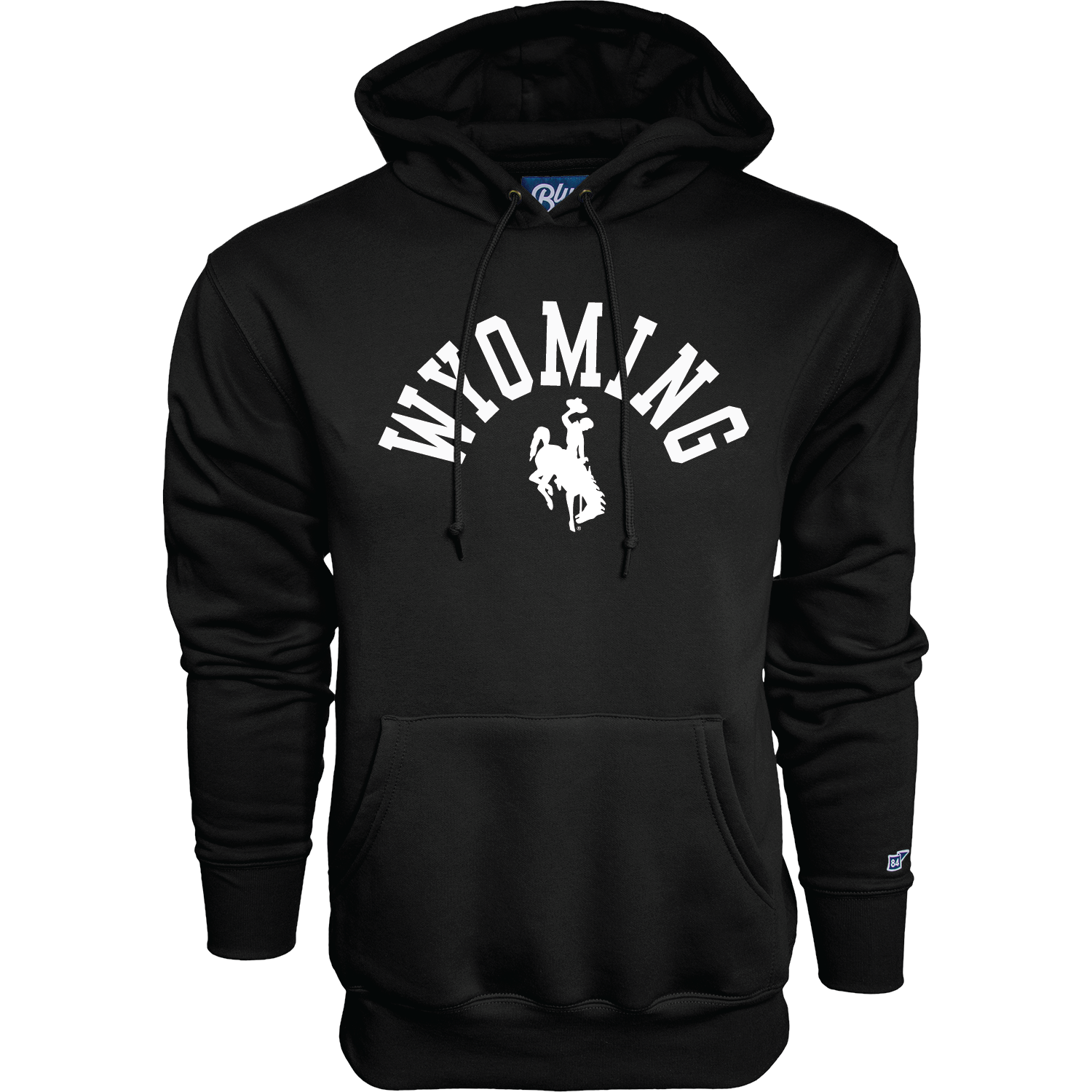 Black hooded sweatshirt with arched wyoming and bucking horse logo on chest. All pictured on a white background.