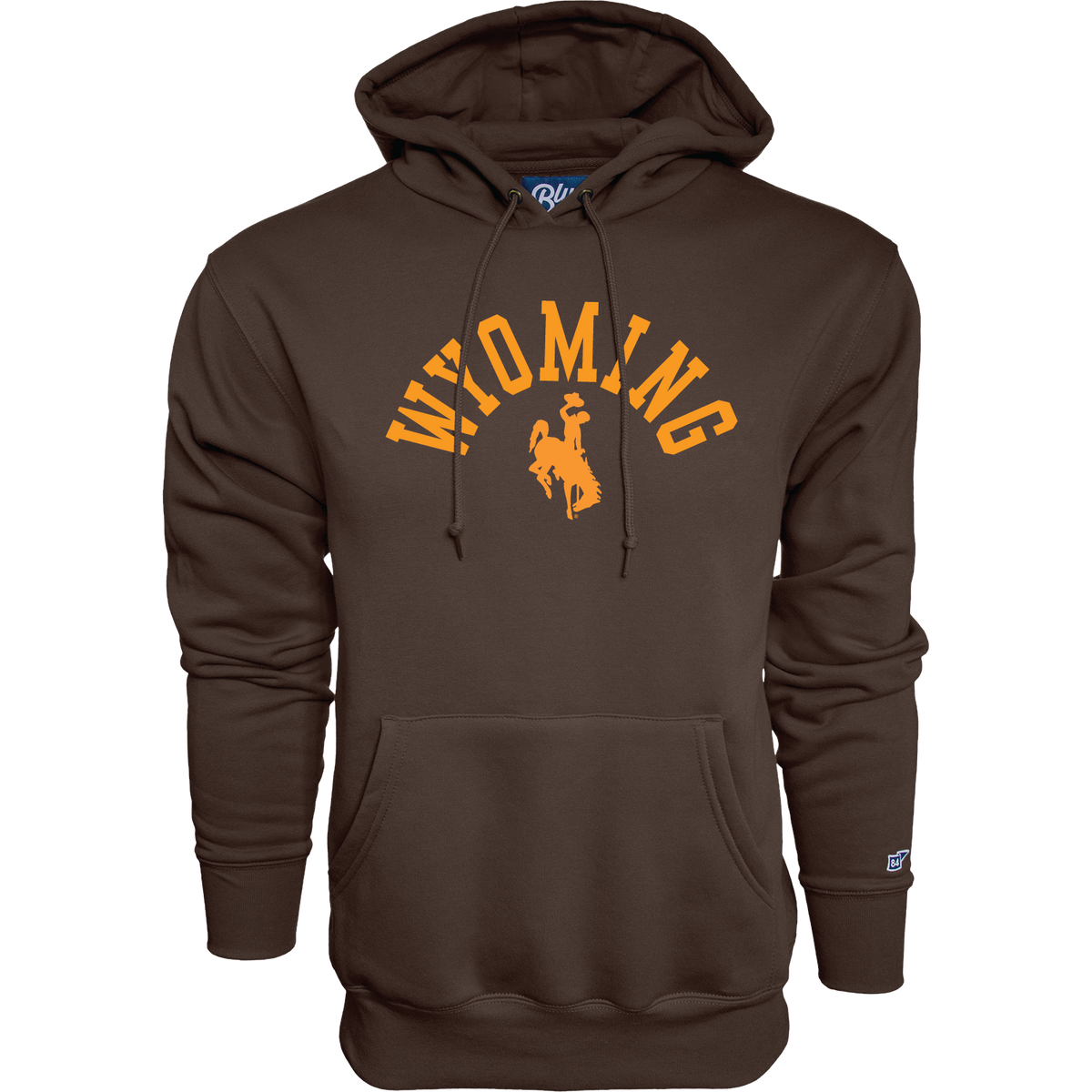 Brown hooded sweatshirt with gold arched wyoming with bucking horse logo below on chest. Pictured on a white background.