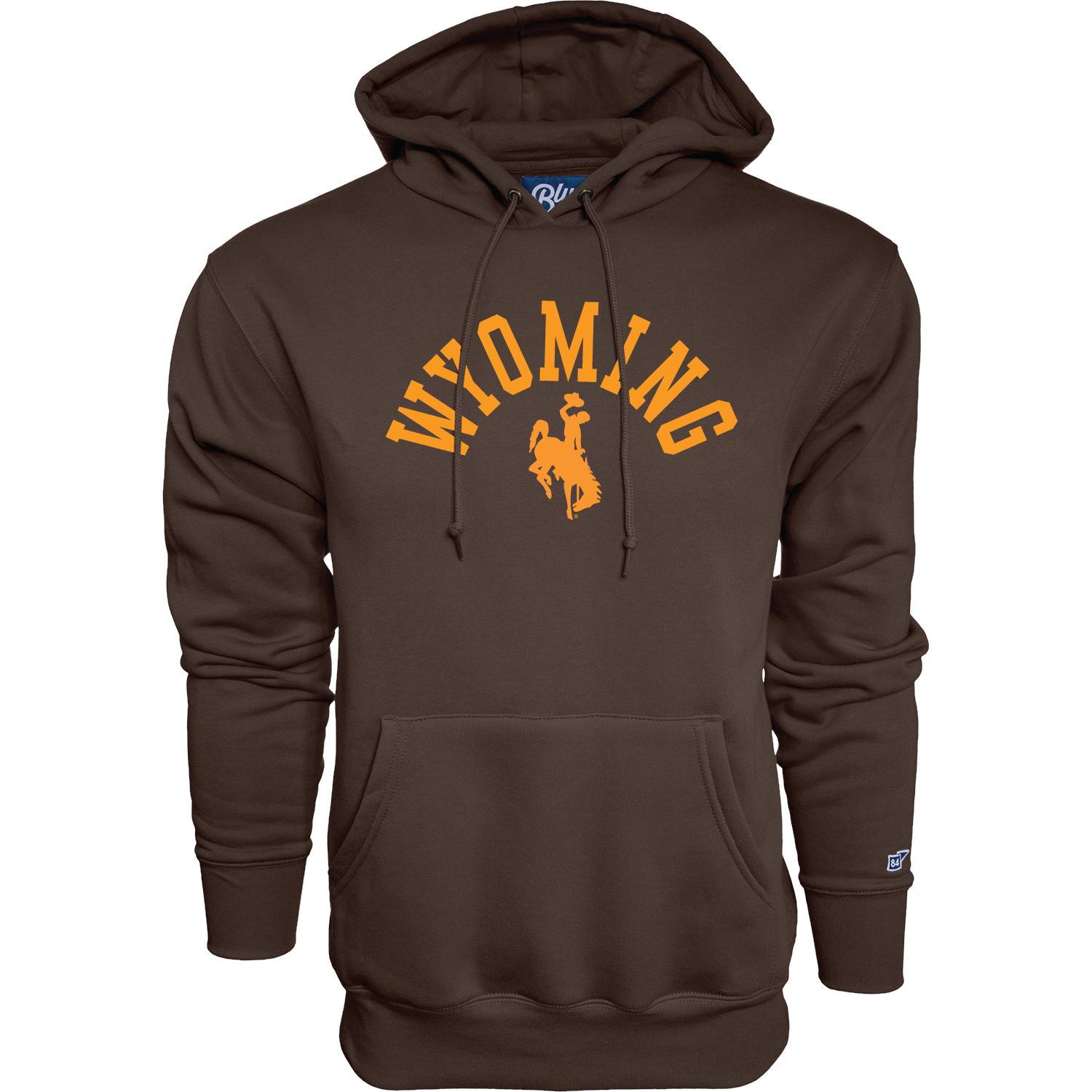 Brown hooded sweatshirt with gold arched wyoming with bucking horse logo below on chest. Pictured on a white background.
