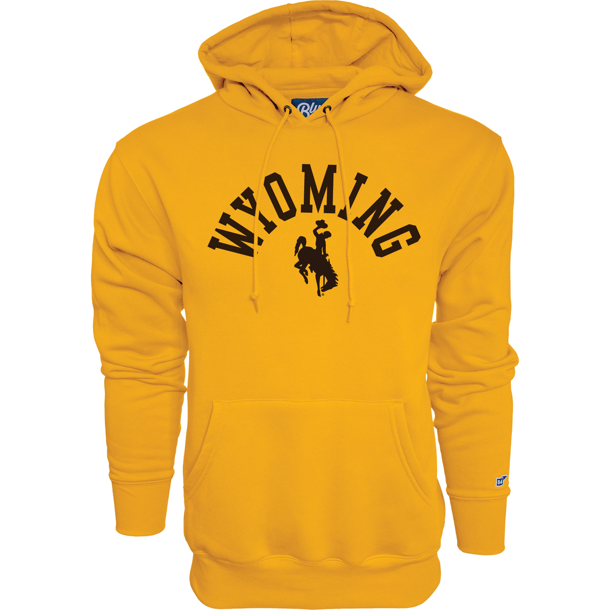 Gold hooded sweatshirt with arched wyoming and bucking horse logo below on chest. All pictured on a white background.