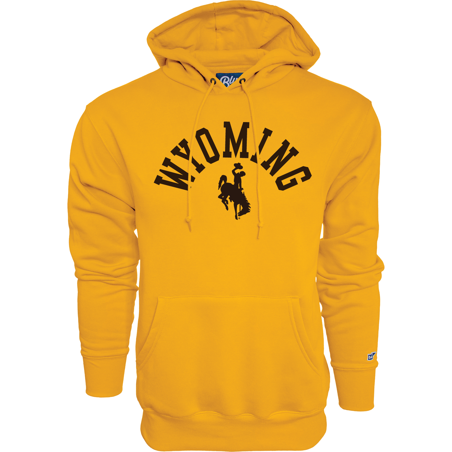 Gold hooded sweatshirt with arched wyoming and bucking horse logo below on chest. All pictured on a white background.