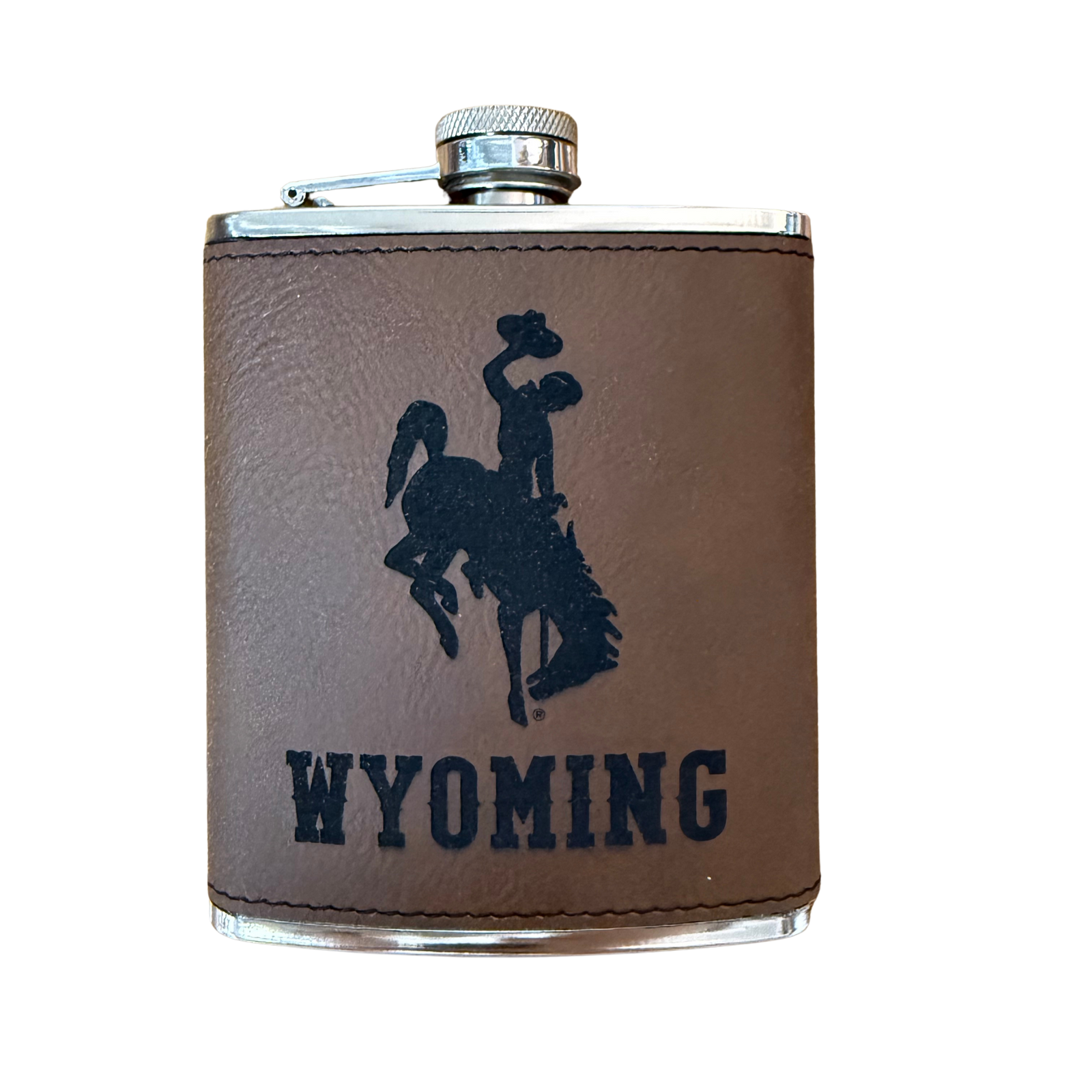 brown and stainless steel flask with bucking horse and 'wyoming' etched into side