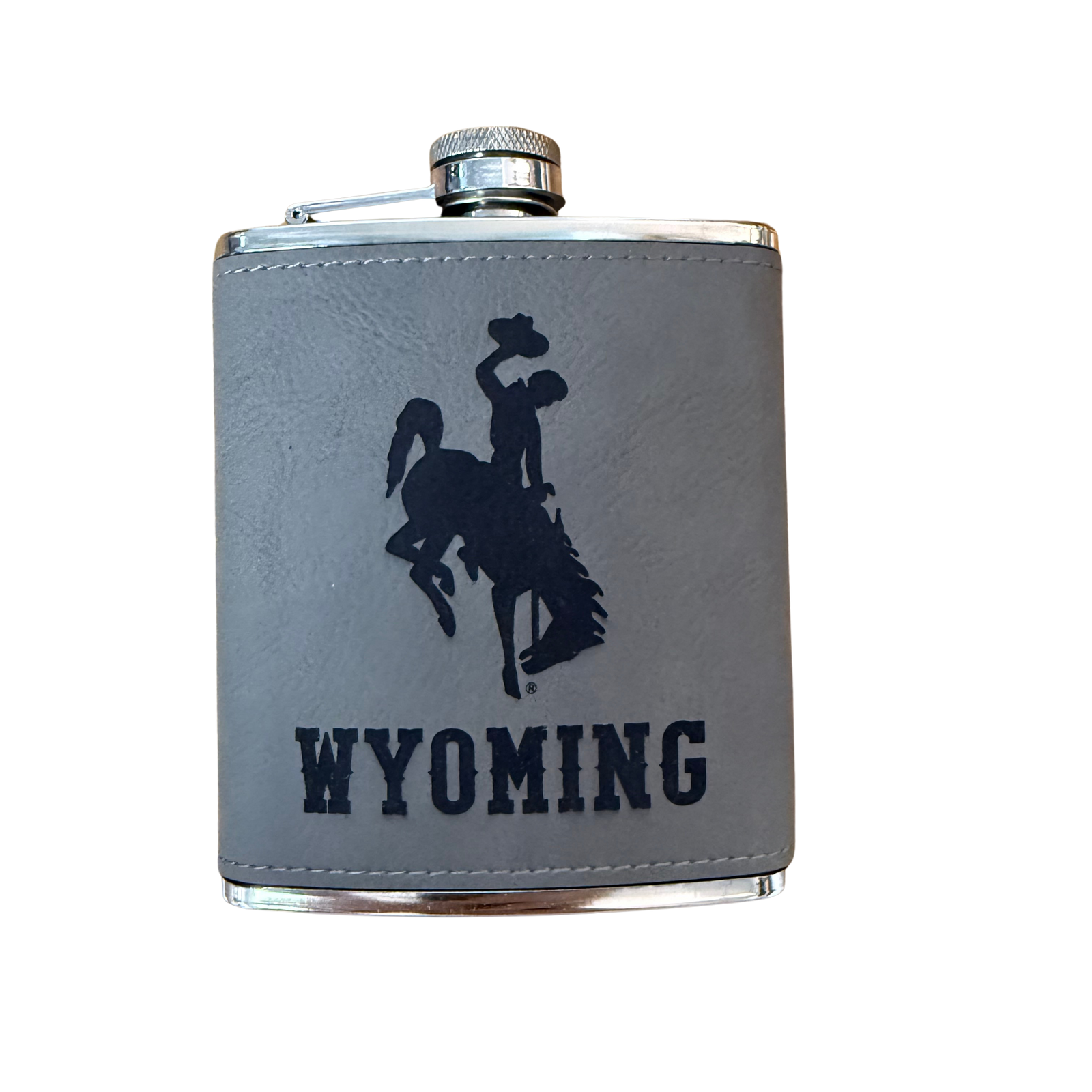 Gray flask with a bucking horse silhouette and 'Wyoming' text etched into side