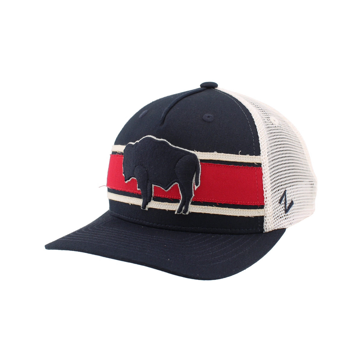 Navy adjustable hat with stone mesh back. Has a buffalo design in navy with red stripe behind. All on a white background