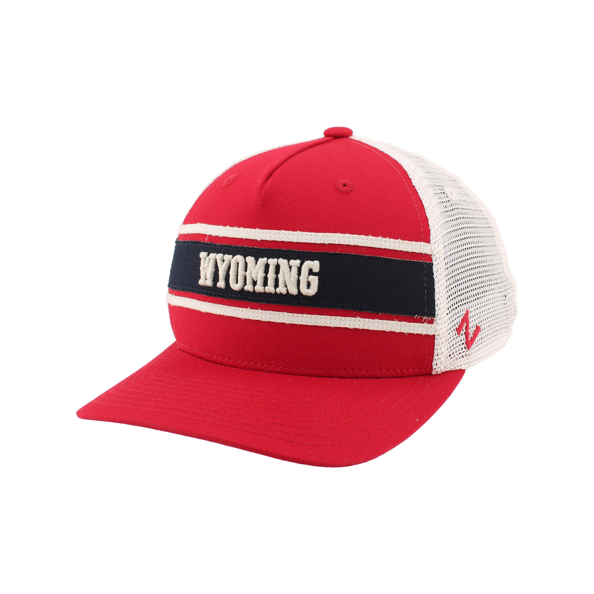 Red adjustable hat with 'Wyoming' text in white with navy stripe behind and white mesh back all on a white backround. 