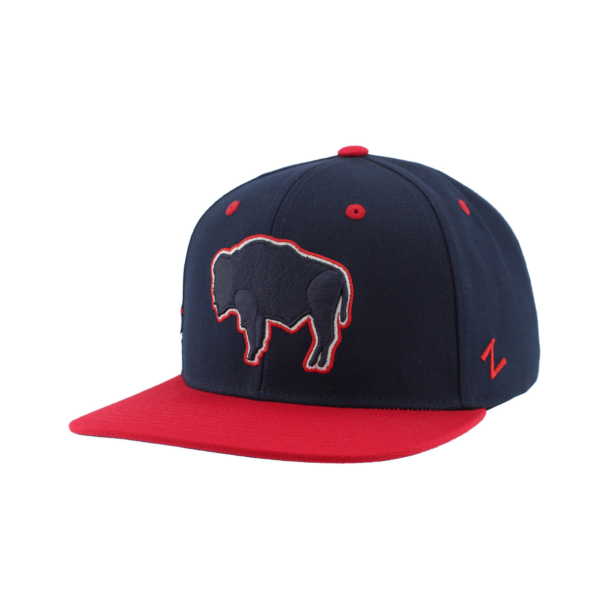 Navy and red adjustable hat with a state buffalo logo on front all on a white background