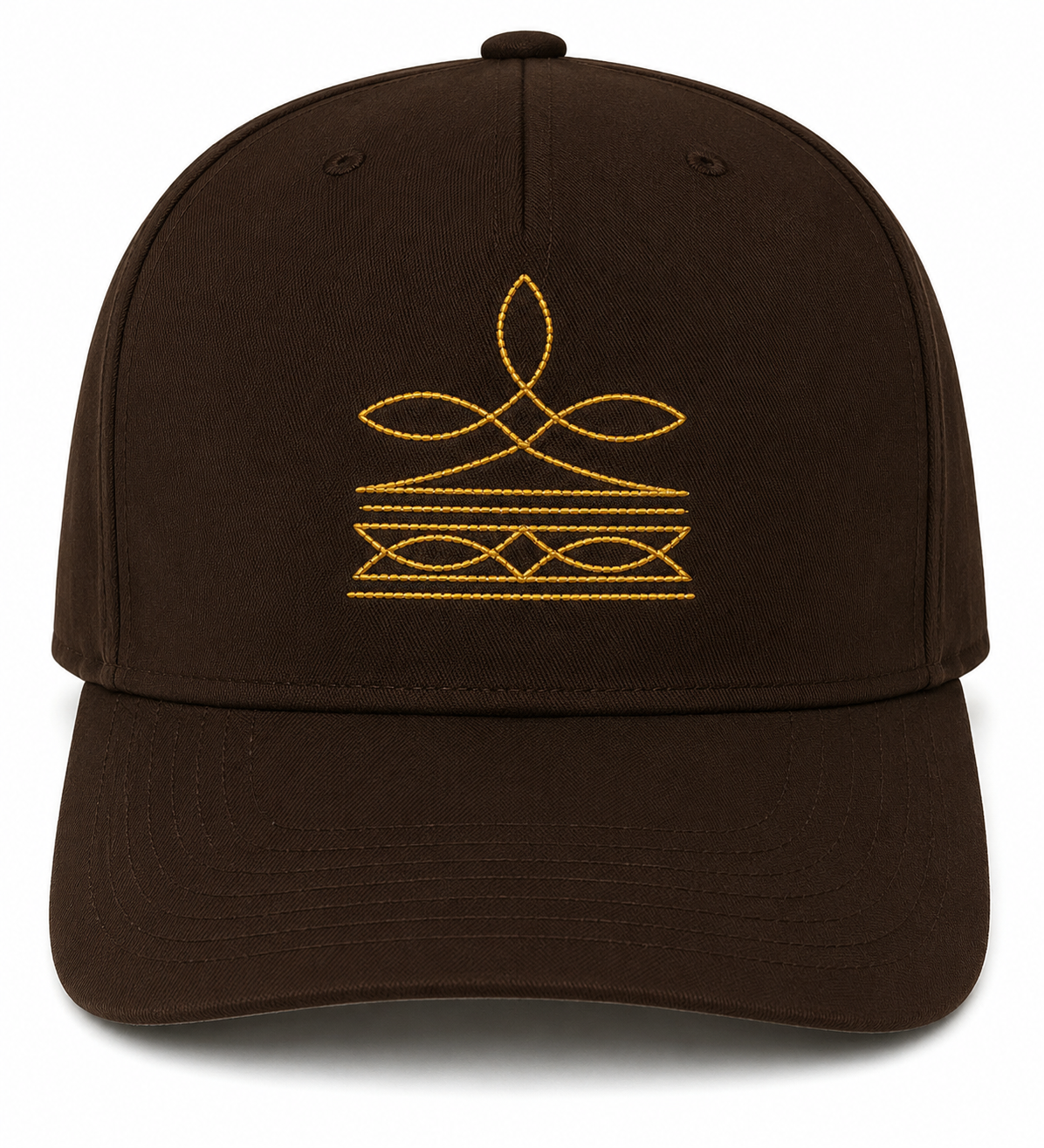 Brown hat with wrangler stitching in gold on front. Pictured on a white backround.