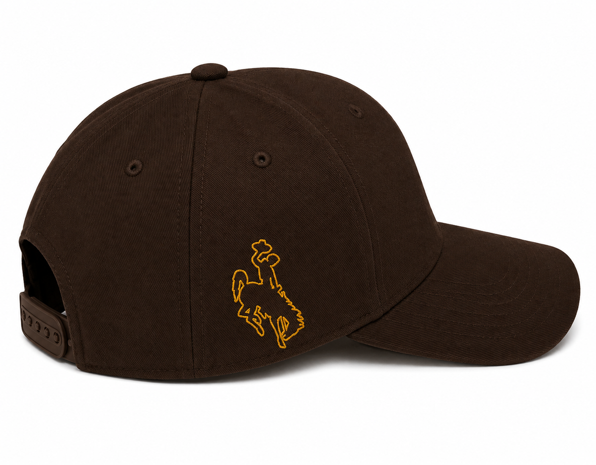 Brown adjustable hat pictured from the side on a white background, with an embroidered outline of bucking horse logo.
