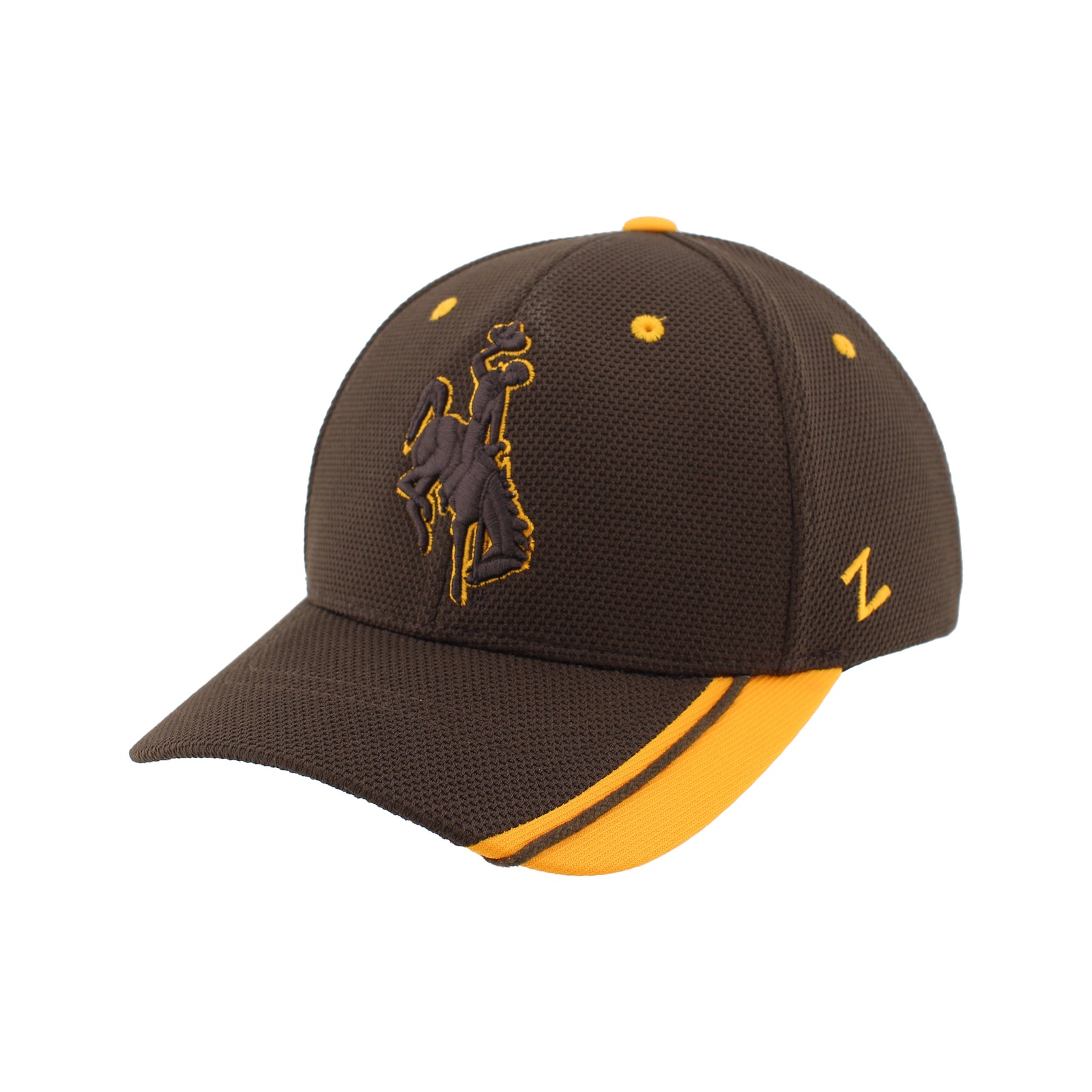 Brown and yellow adjustable hat with bucking horse logo on front panel all on a white background