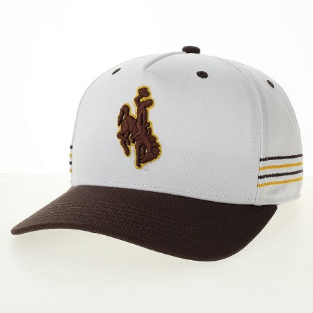 White baseball cap with brown and gold logo stripe  on side and bucking horse in brown embroidered on front. 