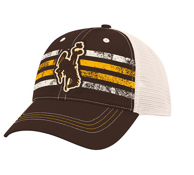 Brown adjustable hat with mesh cream back. Has stripes on front and bucking horse logo in brown and gold and cream. Hat is pictured on a white background.
