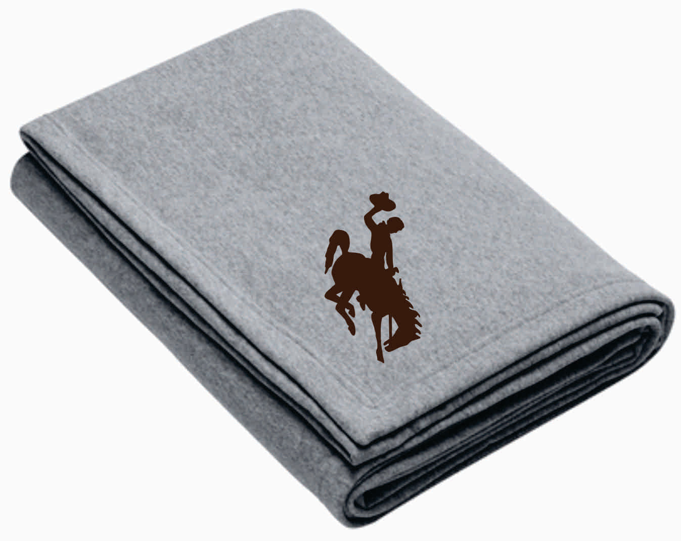 Grey blanket with brown bucking horse logo in corner. Pictured on a white background.