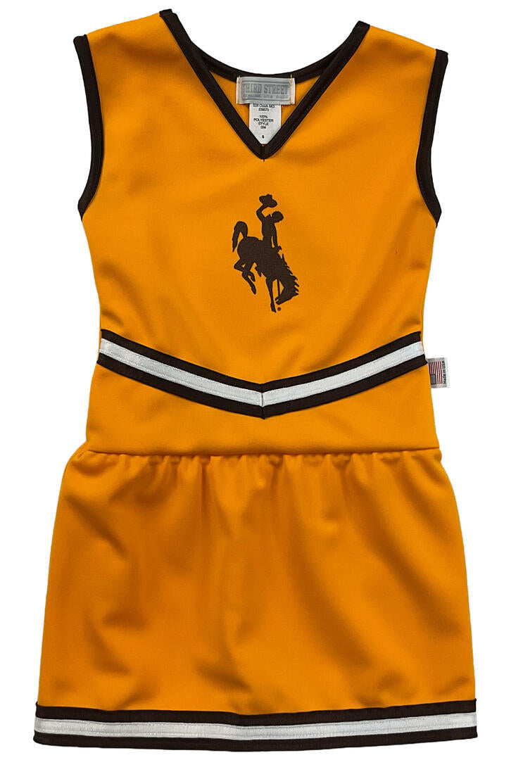 gold toddler cheer dress with brown bucking horse center chest. 