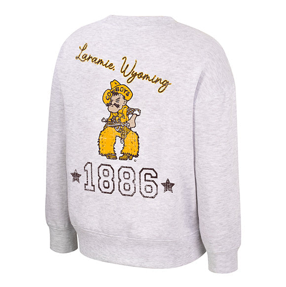 A light heather gray sweatshirt shown from the back, featuring a graphic of a cowboy in a yellow outfit with 'Laramie, Wyoming' and '1886' printed in yellow and brown.