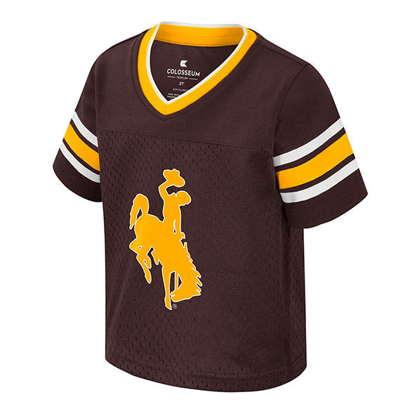 Brown toddler football jersey with gold bucking center chest. Has gold Neckline with gold and white stripes on sleeves.