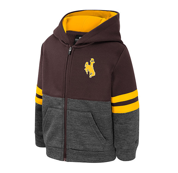A youth zip-up hoodie with a dark brown upper body, heather gray lower body and sleeves, a yellow hood lining, and yellow sleeve stripes. A yellow bucking horse logo is printed on the left chest.