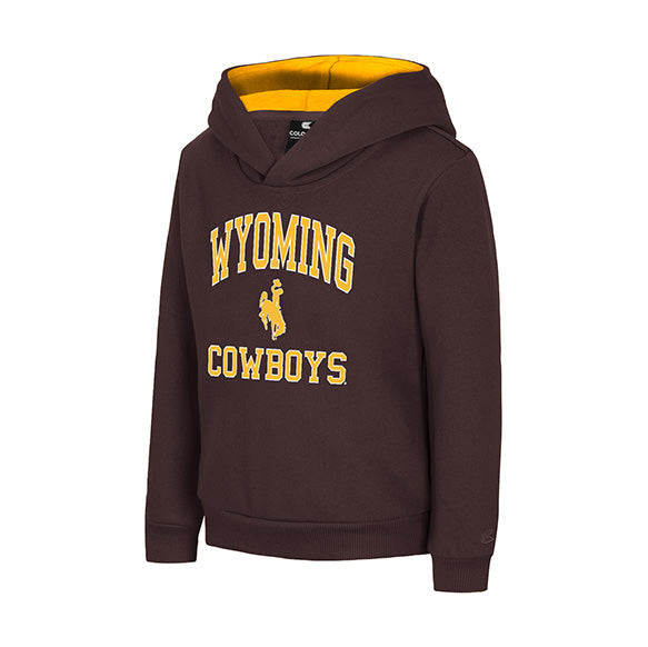 A dark brown pullover hoodie with a yellow interior hood lining and yellow 'WYOMING COWBOYS' text with a cowboy silhouette on the front, shown on a plain white background.