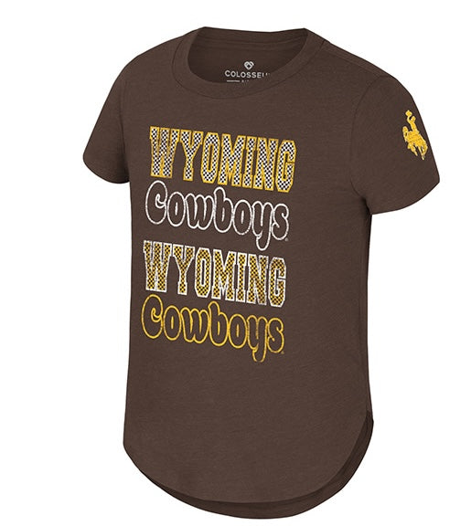 A dark brown short-sleeve t-shirt with a curved hem, featuring 'WYOMING Cowboys WYOMING Cowboys' printed on the front in yellow and white, and a yellow cowboy logo on the right sleeve.