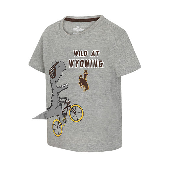 A heather gray short-sleeve kids' t-shirt featuring a graphic of a dinosaur riding a BMX bicycle with a cowboy riding a horse, and the text 'WILD AT WYOMING' printed on the front.