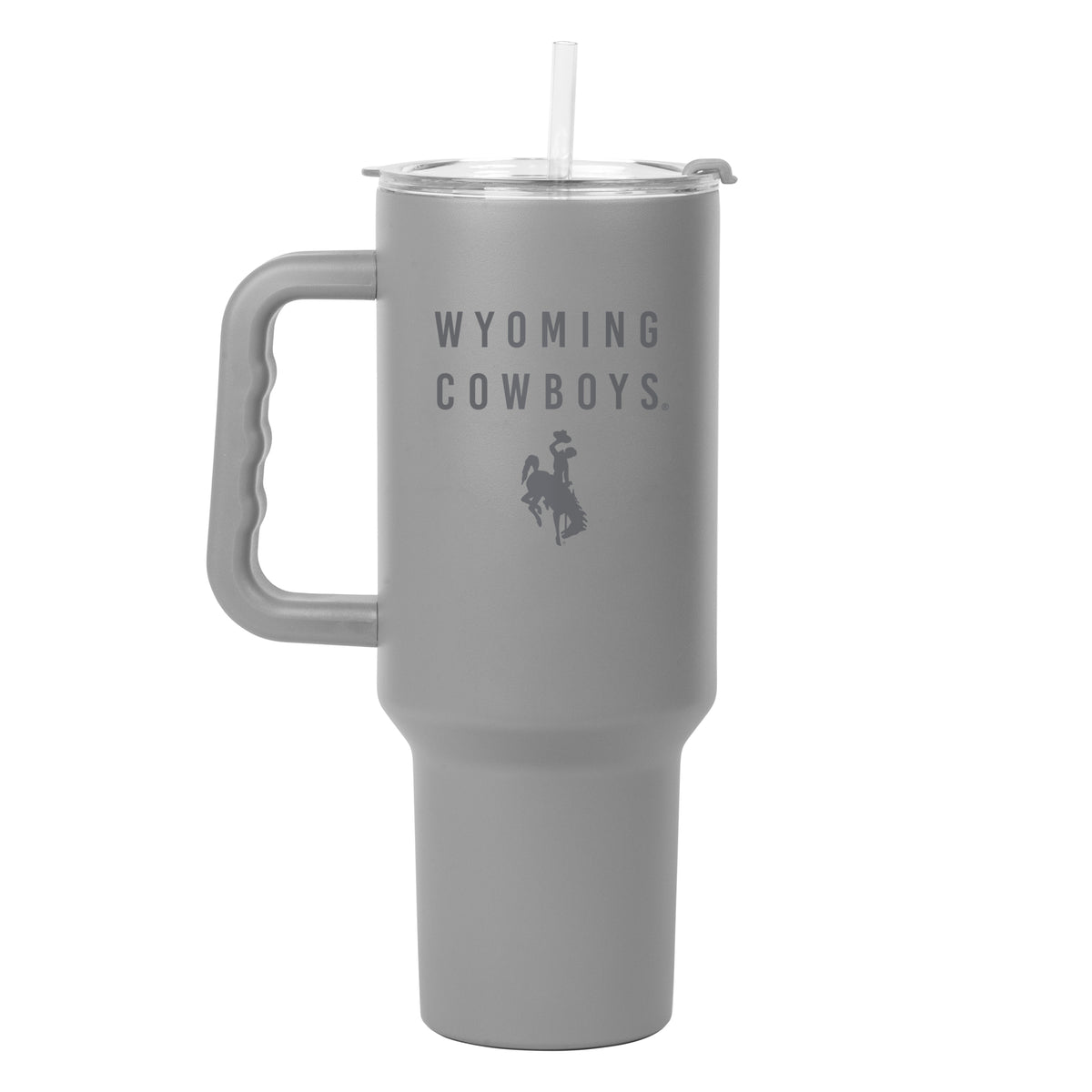 stone 40 ounce tumbler with handle and straw. says 'wyoming cowboys' on the side with a bucking horse logo below. All pictured on a white background.