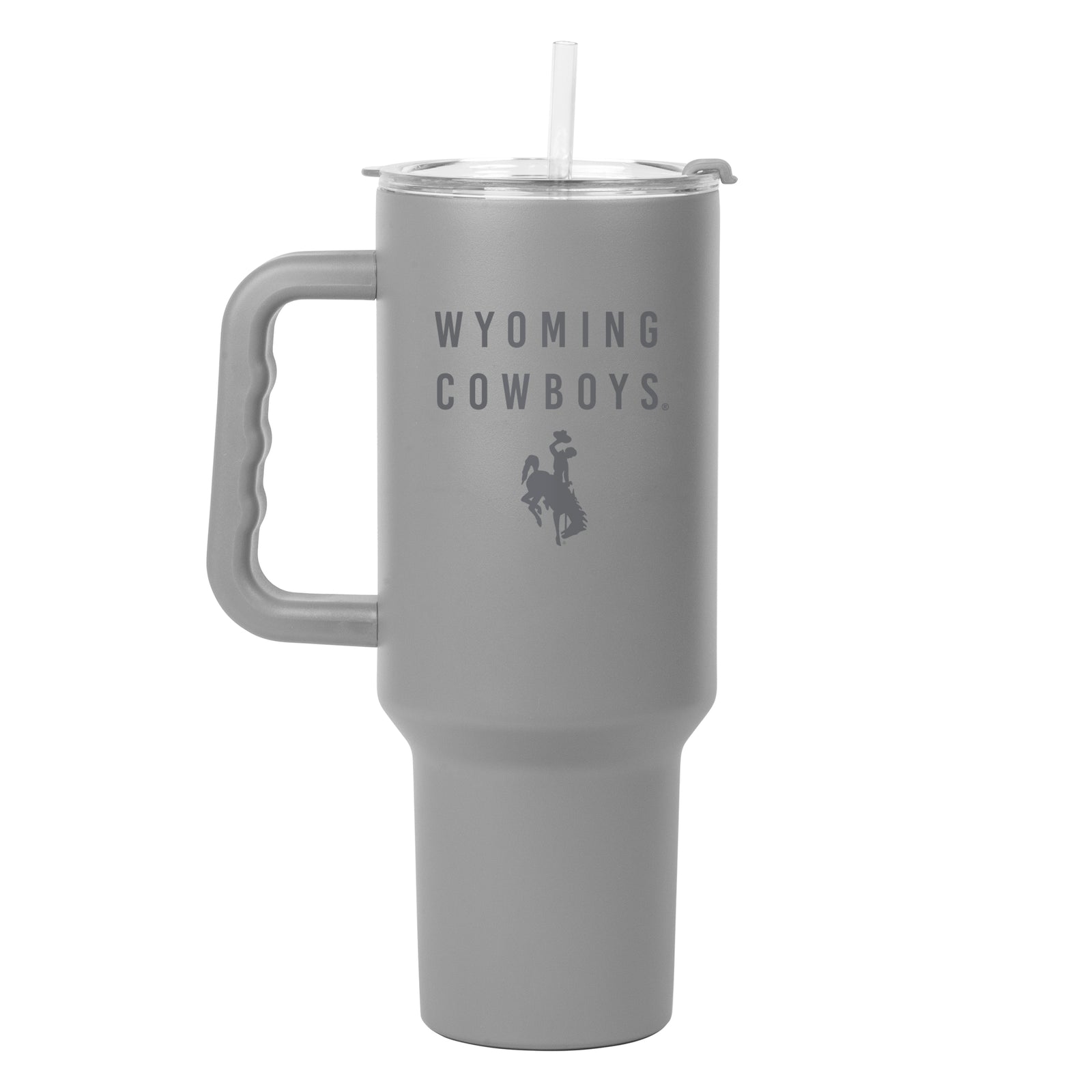 stone 40 ounce tumbler with handle and straw. says 'wyoming cowboys' on the side with a bucking horse logo below. All pictured on a white background.