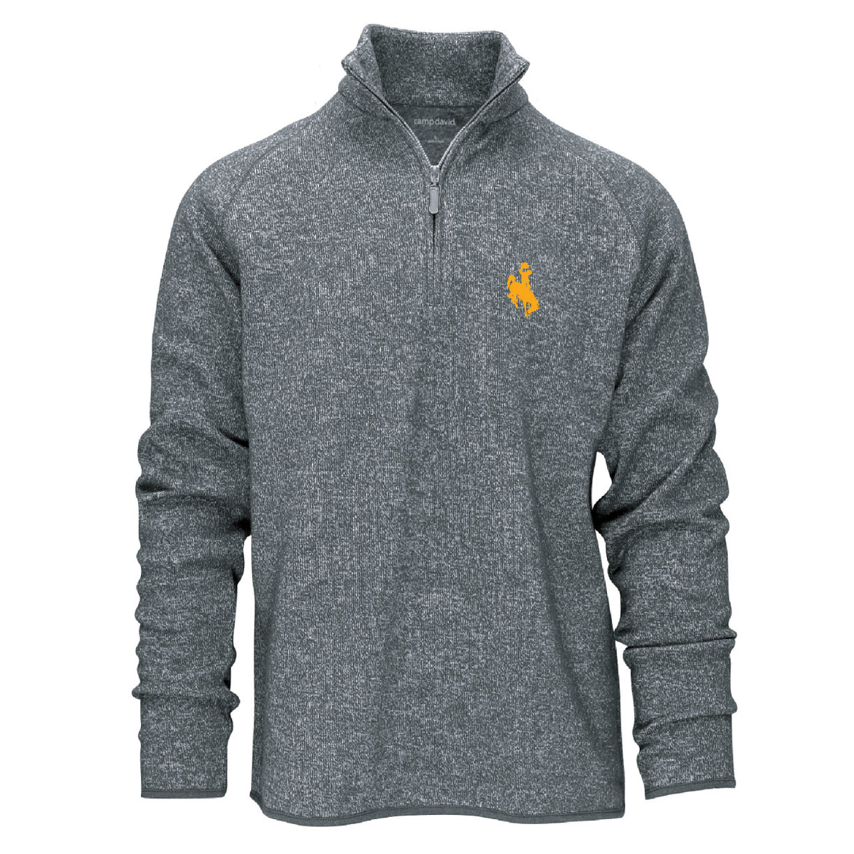 A heather gray quarter-zip pullover sweater with a small gold embroidered bucking horse logo on the left chest, displayed on a clean white background.
