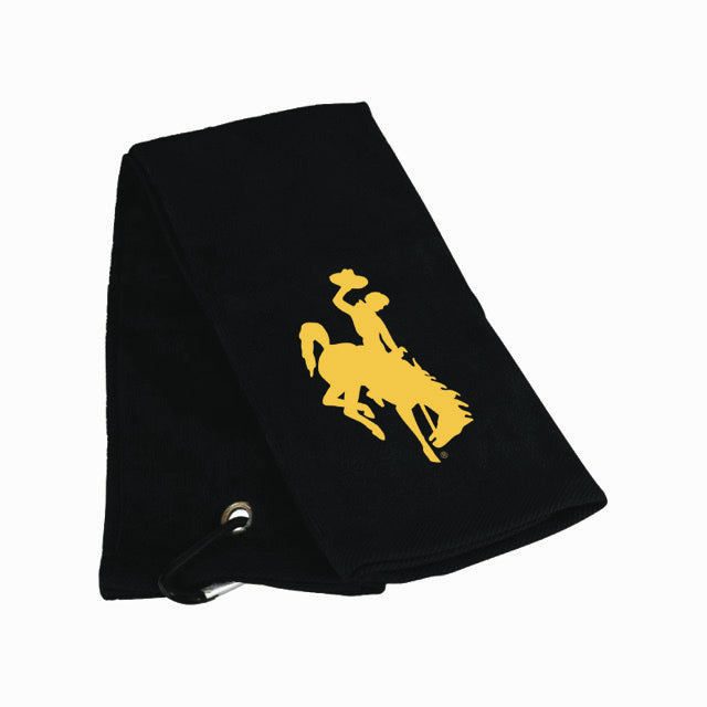 Black golf towel with gold bucking horse embroidered. Comes with black carabiner attached.