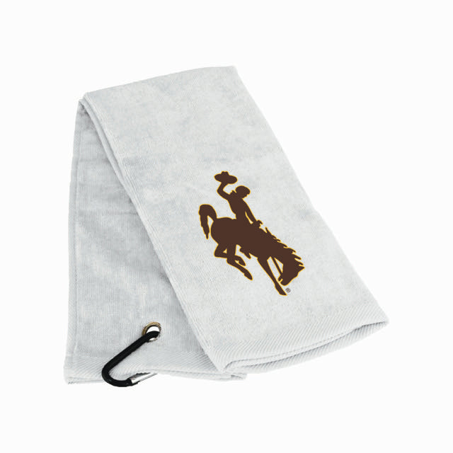 White golf towel with brown bucking horse with gold outline on side. Has black carabiner on side.