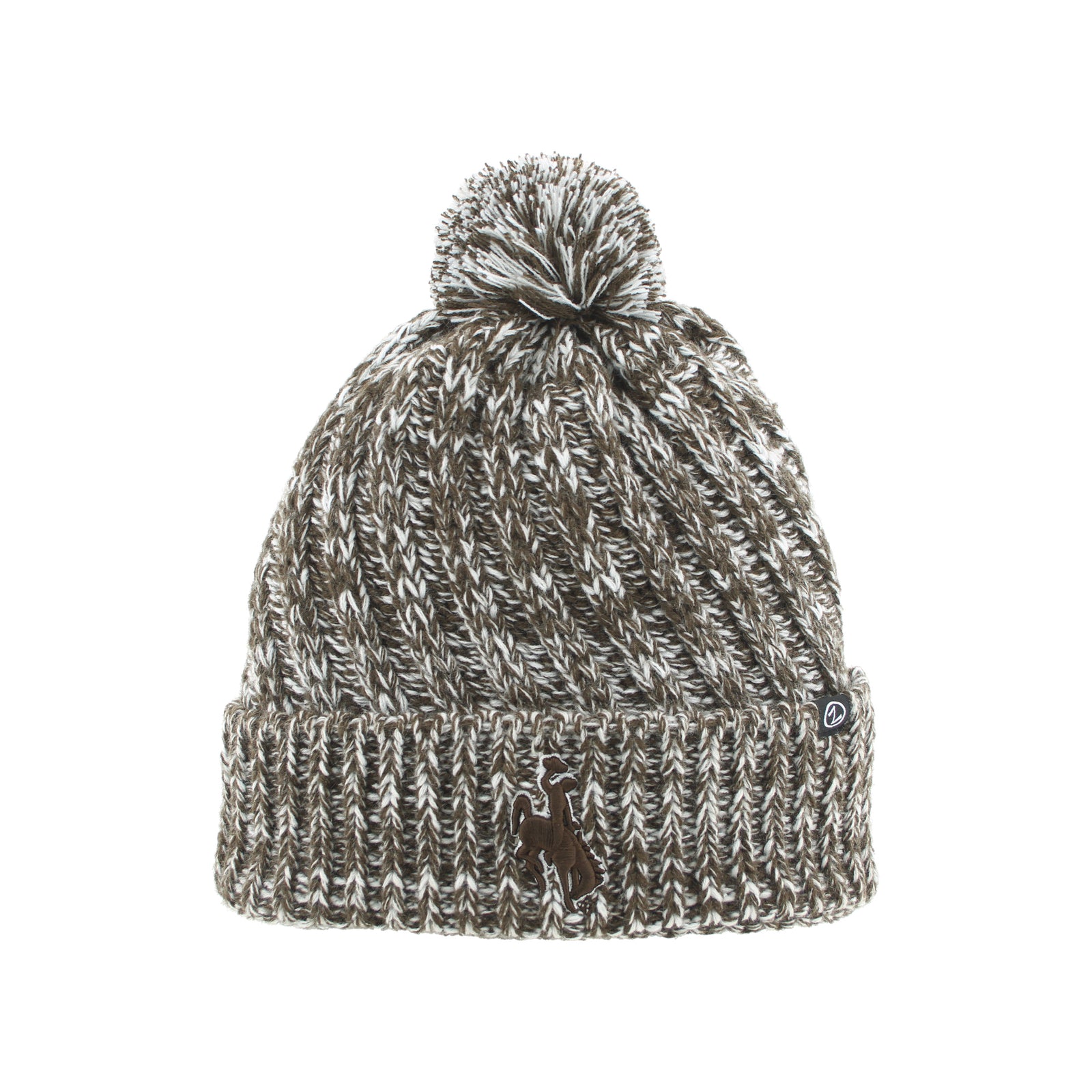 A marled knit beanie hat with a brown and white heathered texture, featuring a brown embroidered bucking horse logo on the front cuff and a matching pom-pom on top, set against a plain white background.