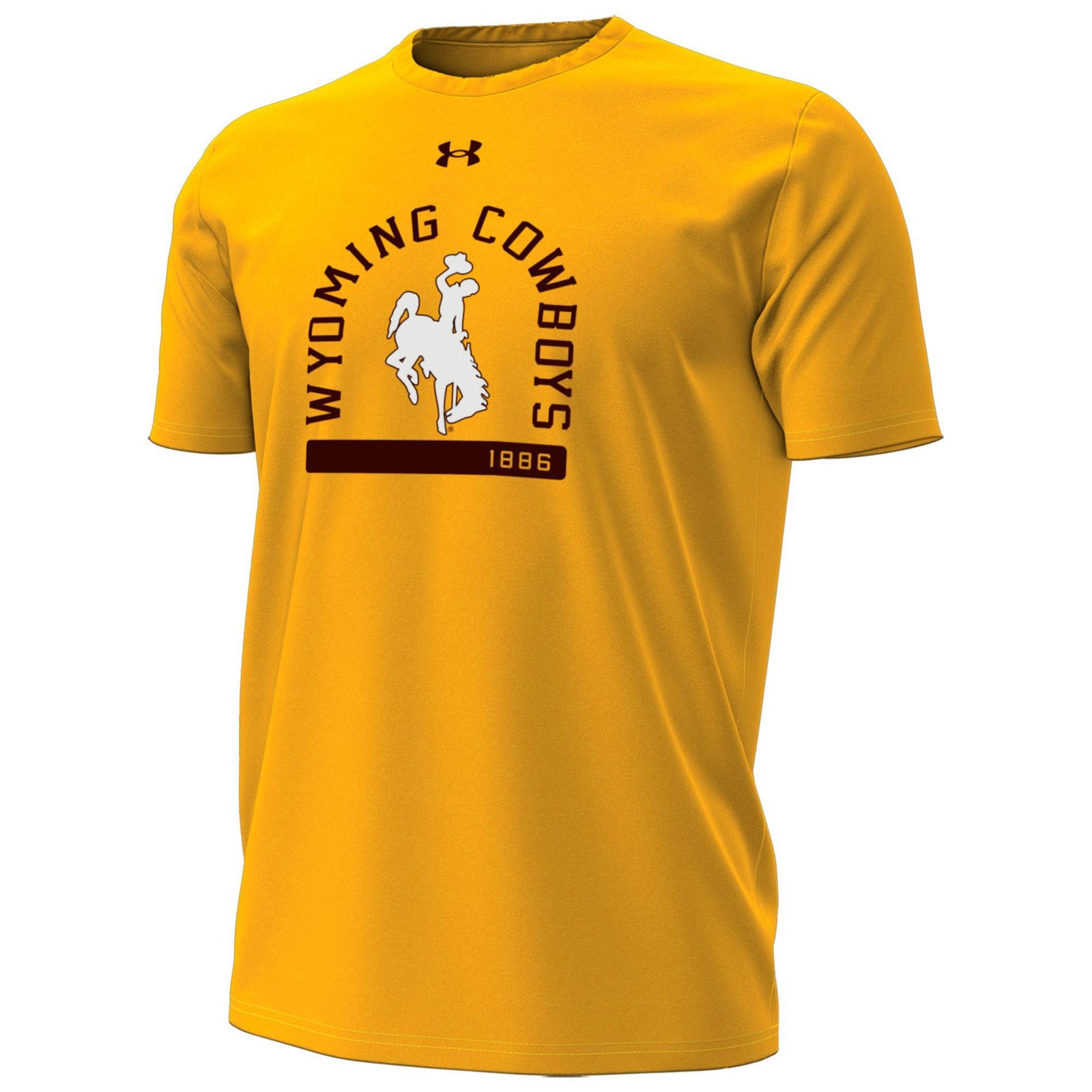 A yellow short-sleeve athletic t-shirt with a 'Wyoming Cowboys 1886' graphic on the front, featuring a white bucking horse logo and an Under Armour logo above it, set against a plain white background.