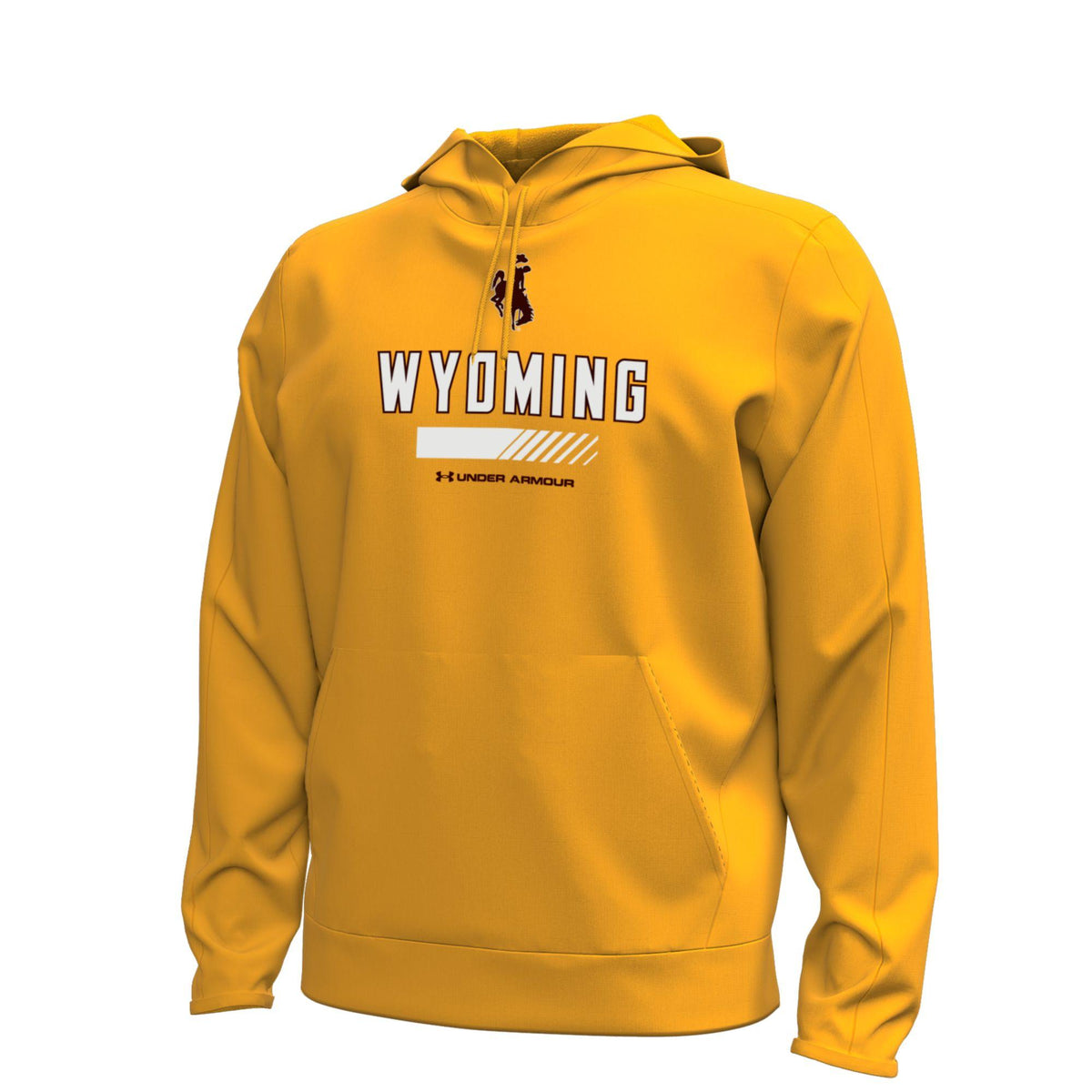 Gold Under Armour hoodie with 'Wyoming' text and bucking horse all in white and brown on center chest