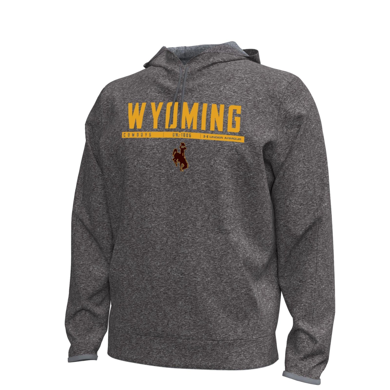 Gray under armour hoodie with 'Wyoming' and a bucking horse logo center chest in gold and brown