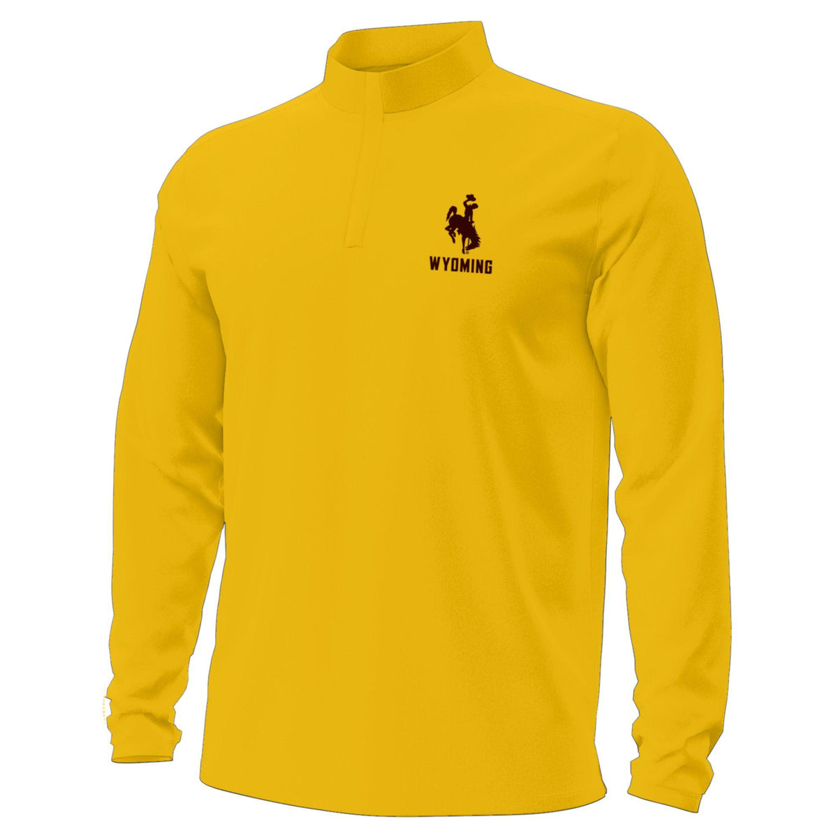 Gold 1/4 zip jacket with Wyoming and bucking horse logo on left chest all on  a white background